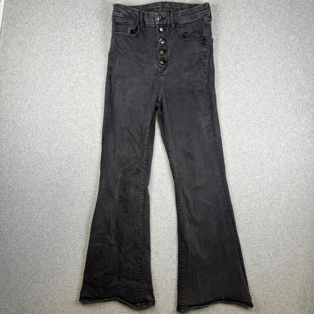 American Eagle Women's Size 6 Black Button Fly Next Level Stretch Wide Leg Jeans - Picture 1 of 9